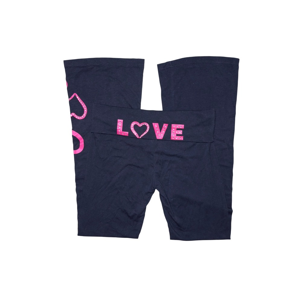 Paris Angel Womens Black Pink LOVE Rhinestone Foldover Flare Yoga Pants